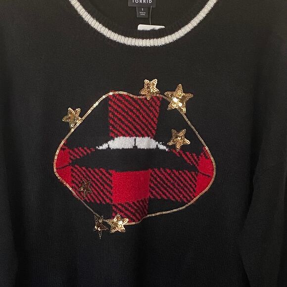 Torrid NWT Wms 1X Black Star Lips Crewneck Pullover Sweater Sequins Novelty - Picture 4 of 10